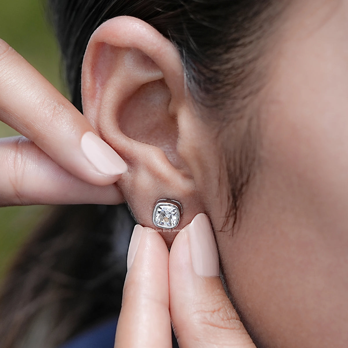Display view of Square Old Mine Cushion Lab Diamond Stud Earrings