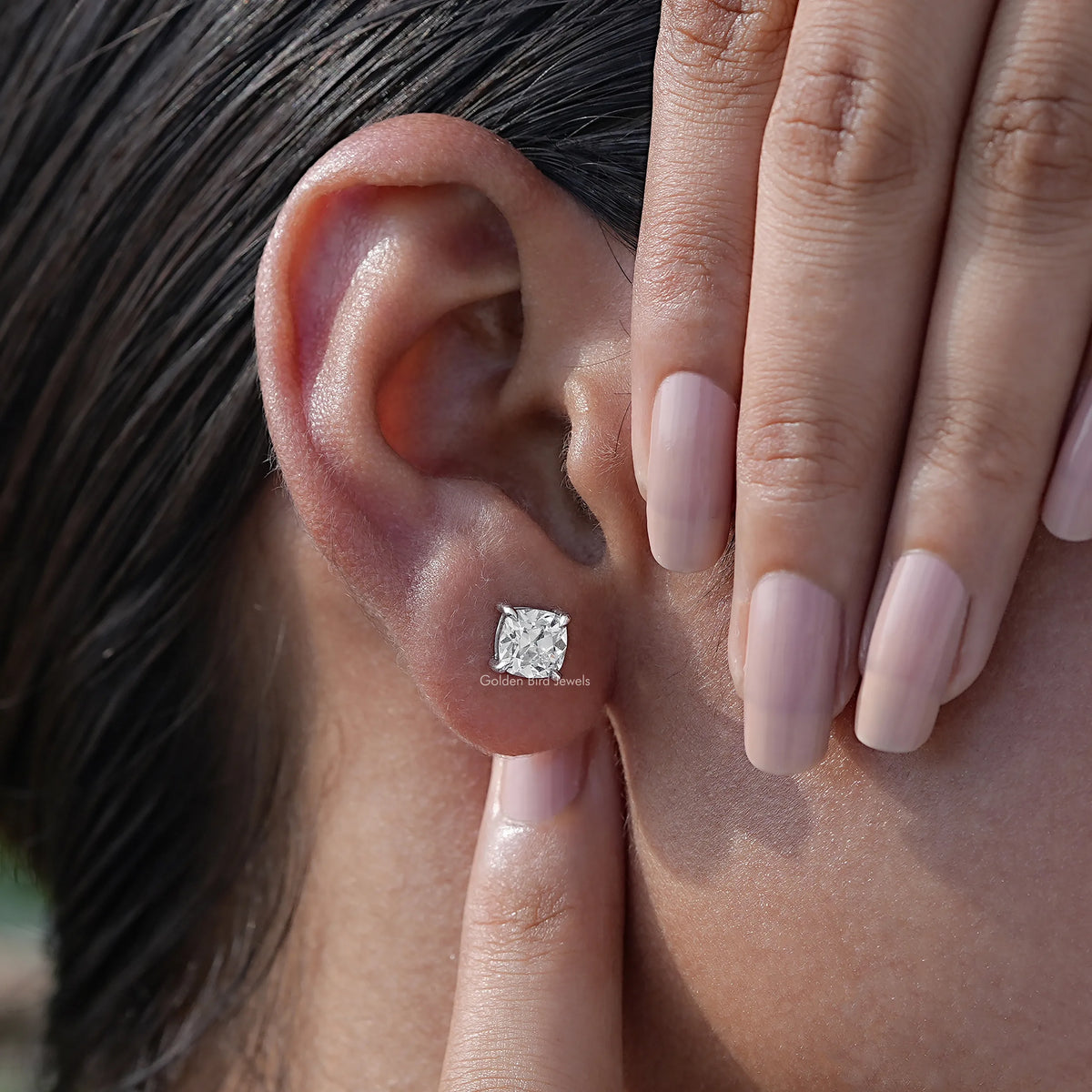 View of 0.50CTW old mine cushion  Cut diamond Stud Earrings
