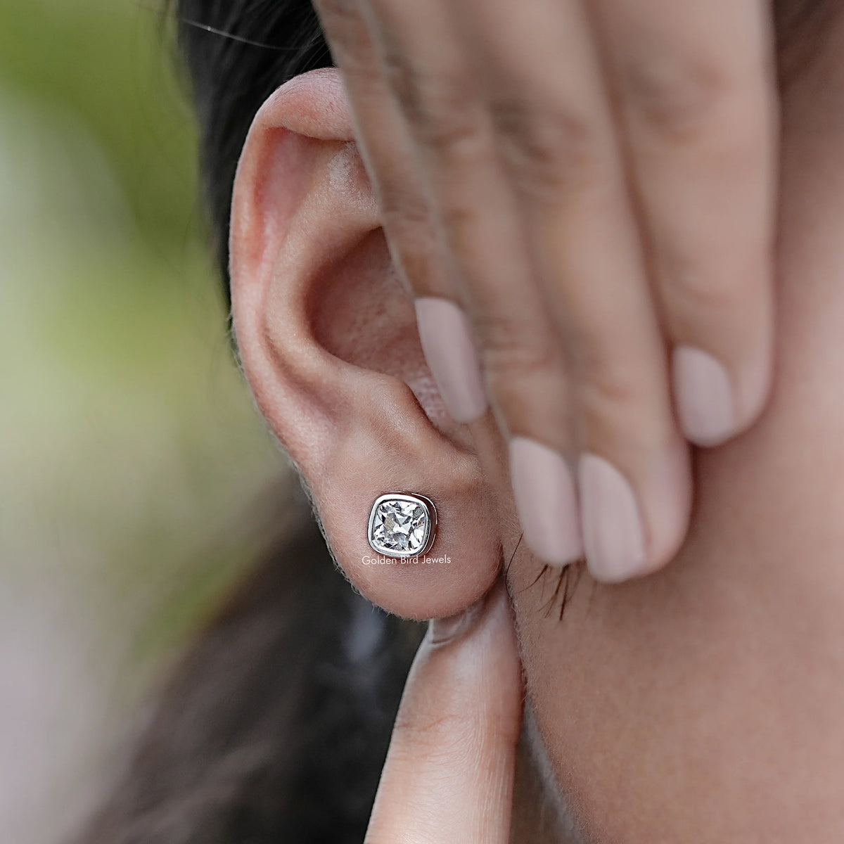 Detailed view of Square Old Mine Cushion Stud Earrings in Ear