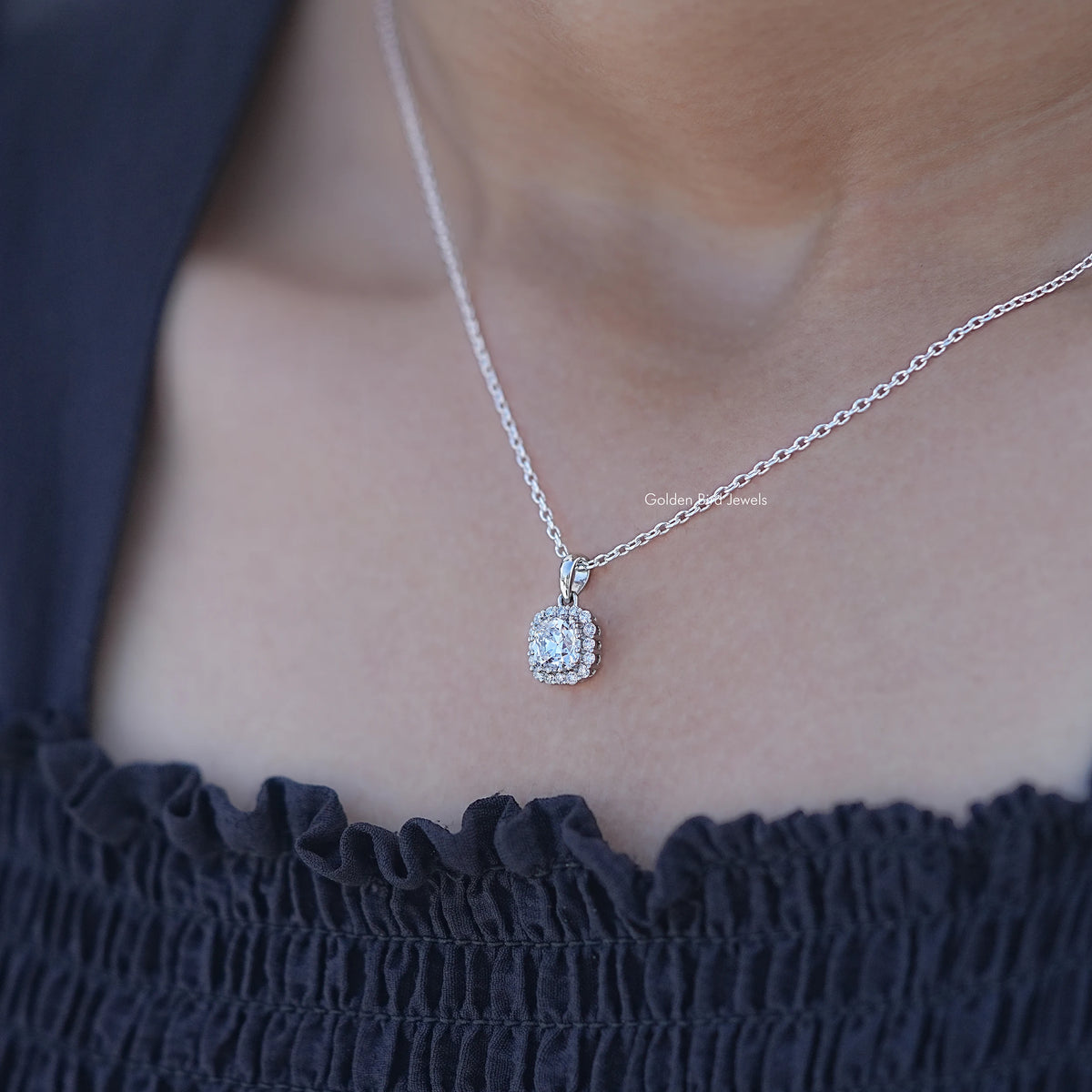 In Neck View of Old European Round Diamond Halo Pendant