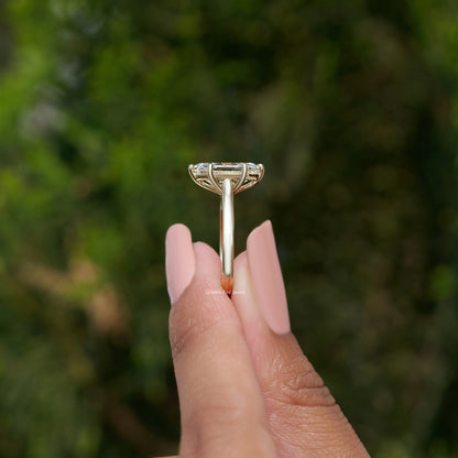 Step-cut marquise diamond ring, prong setting detail, underside view