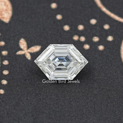 Faceted step-cut hexagon moissanite loose stone, clear center and crisp edges