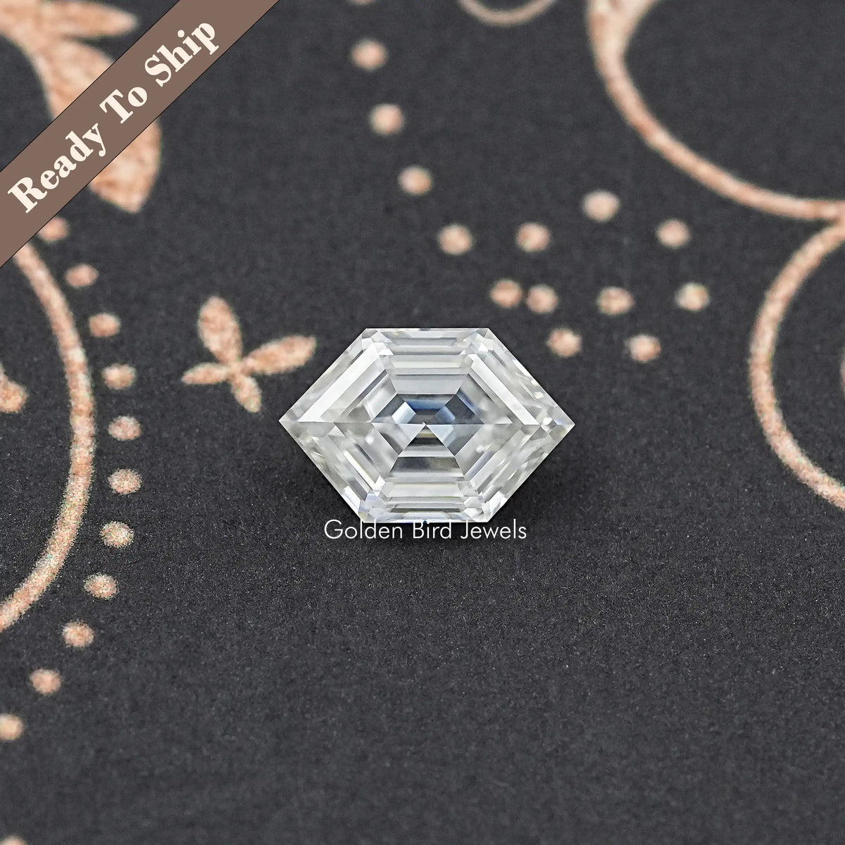 Hexagon step-cut moissanite loose stone, top view with sharp faceted surfaces