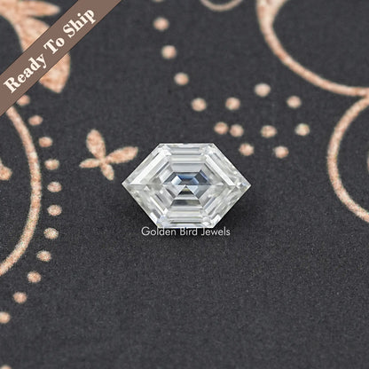 Hexagon step-cut moissanite loose stone, top view with sharp faceted surfaces