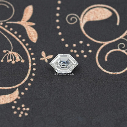 Step-cut hexagon moissanite loose stone, clear with faceted pattern