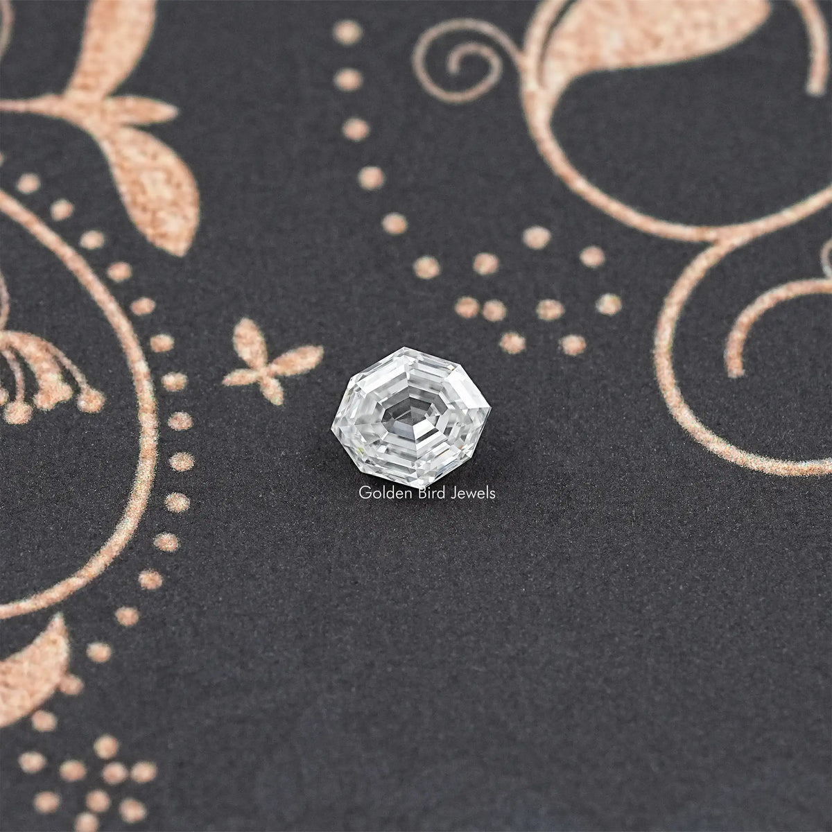 Faceted moissanite loose stone, step-cut clear gem, front view