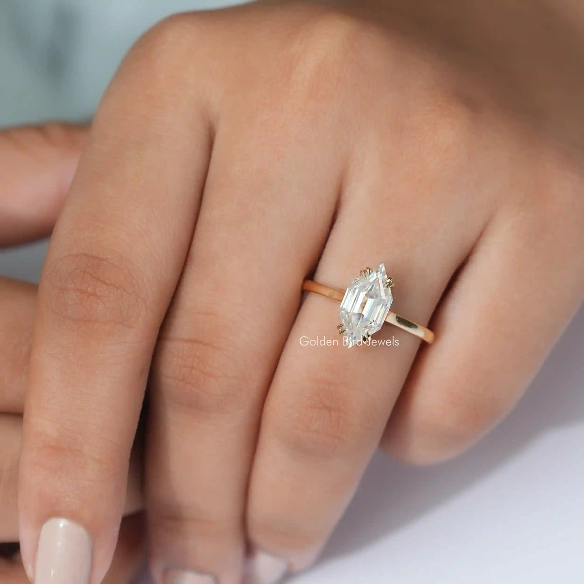 View of Step Cut Dutch Marquise Moissanite Ring In Finger