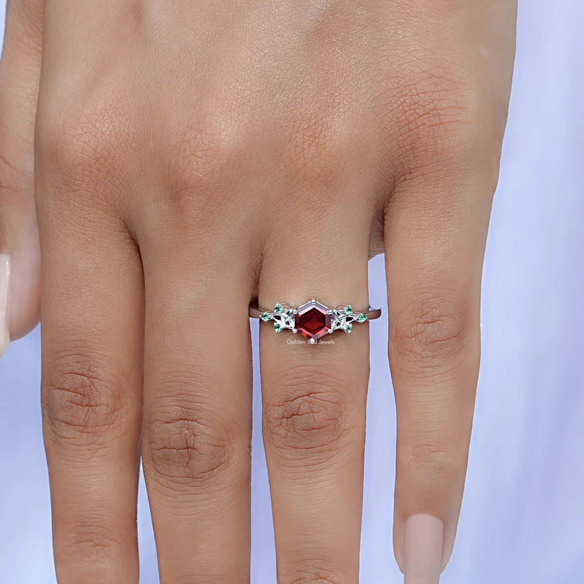 Detailed View of Sunstone Hexagon Cut Gemstone Ring In White Gold