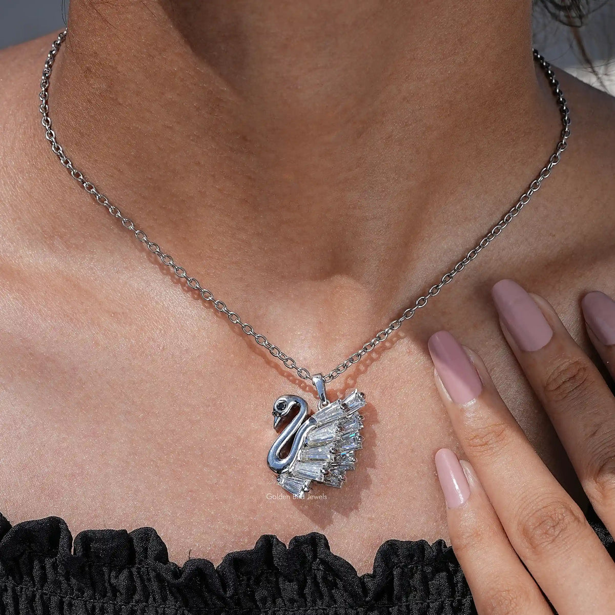 In neck view of Baguette cut moissanite halo pendant 