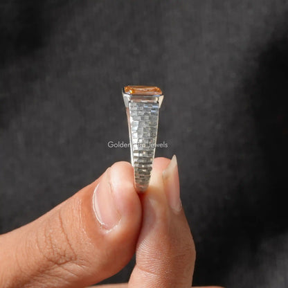 Open cuff two-stone ring with square amber and clear stones in silver setting