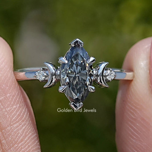 Front View of Three Stone Marquise Cut Moissanite Ring