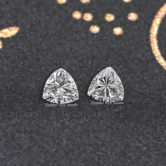 Loose trillion-cut lab-grown diamond pair, two clear triangular stones