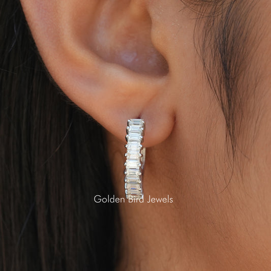 Silver baguette-cut moissanite huggie hoop earrings, stacked baguette stones