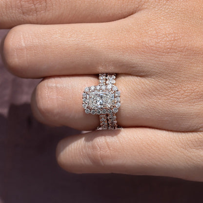 Radiant-cut lab diamond halo bridal ring set with pavé double band