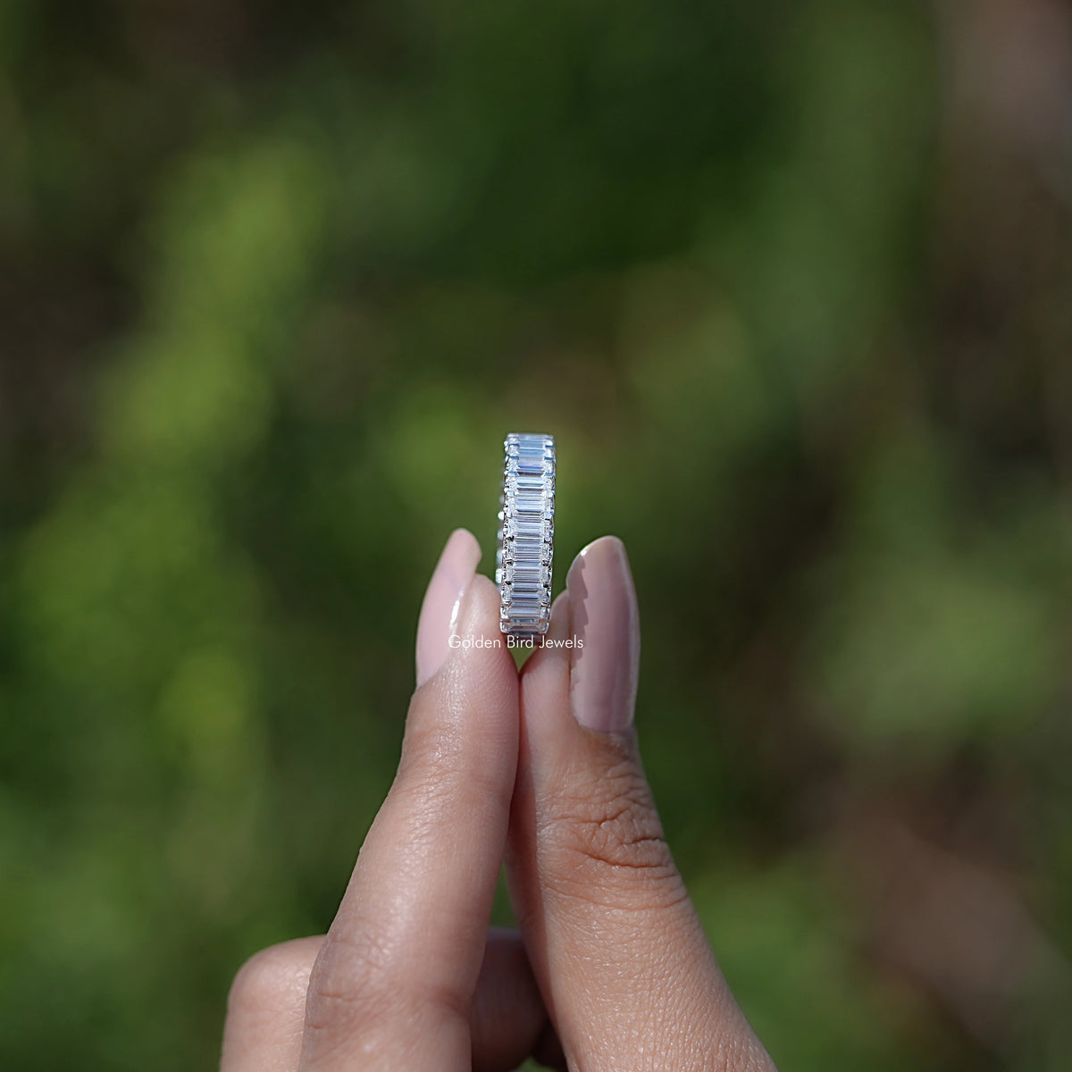 Side View Of Baguette Moissanite Half Eternity Wedding Band