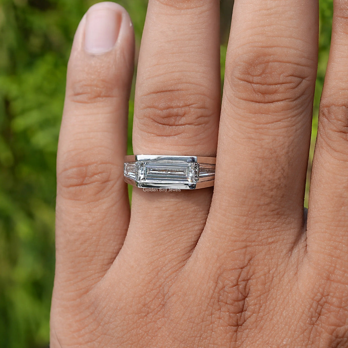 View of Baguette Cut Lab Grown Diamond Men's Ring In Finger