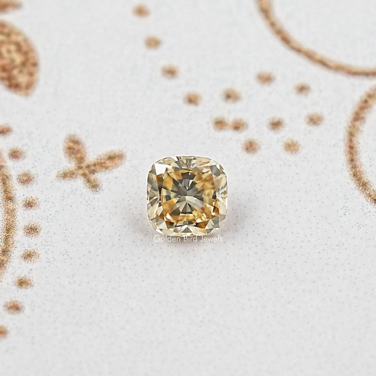 Yellow cushion-cut moissanite gemstone, faceted square center view