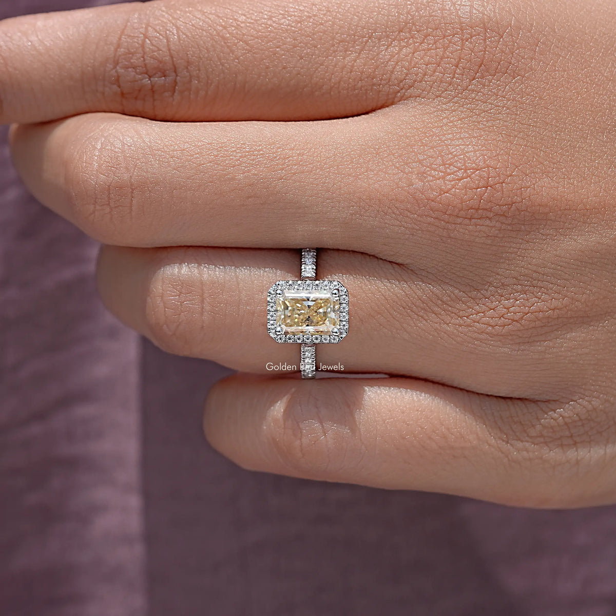 Radiant cut moissanite halo accent wedding ring in silver tone