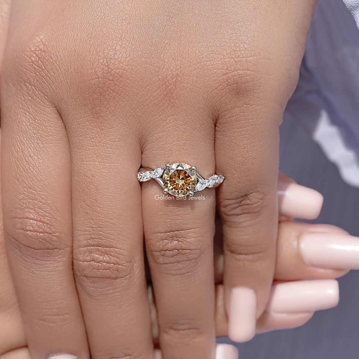 Sterling silver floral ring with round yellow center moissanite, prong-set