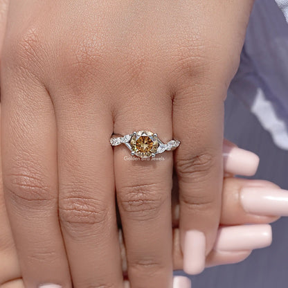 Sterling silver floral ring with round yellow center moissanite, prong-set