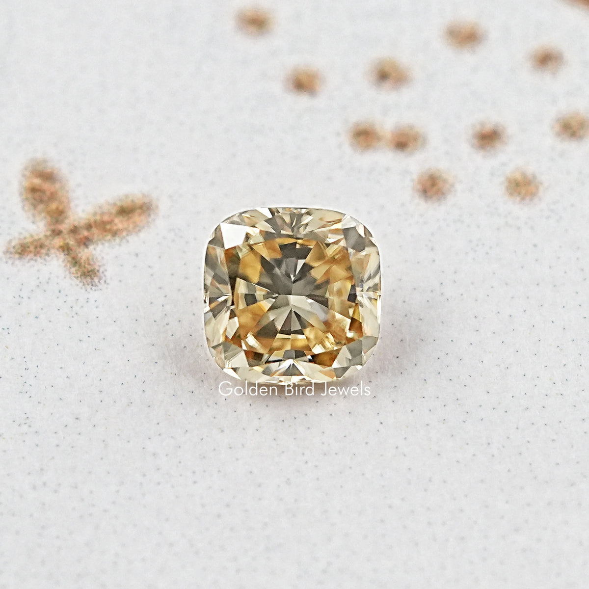 Yellow cushion-cut moissanite gemstone, square cushion facets close-up