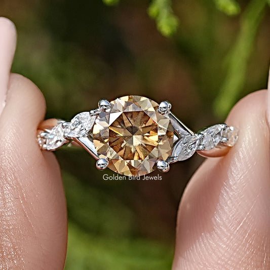Sterling silver floral ring with round yellow moissanite center and side stones