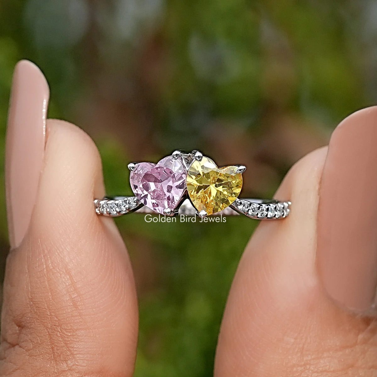 Front View of Yellow And Pink Heart Gemstone Toi Et Moi Ring
