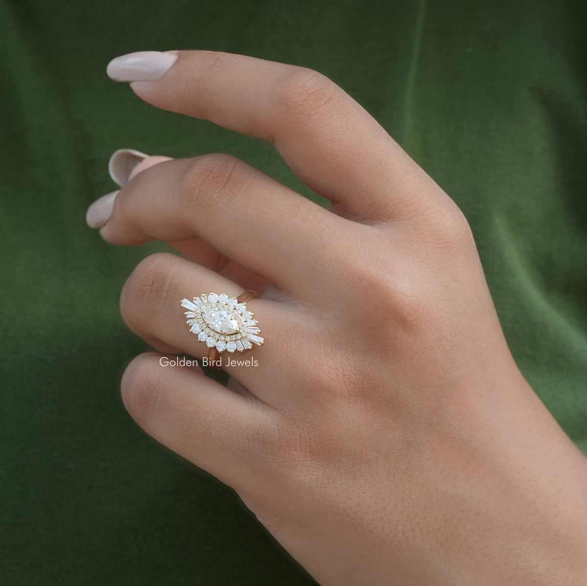 View of Marquise Cut Halo Ballerina Ring In Yellow Gold